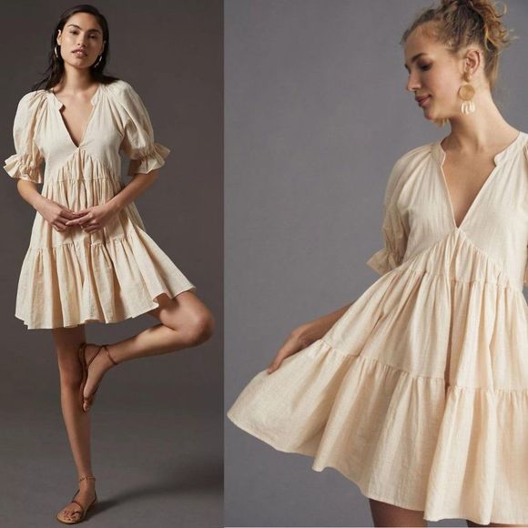 Anthropologie Dresses & Skirts - Anthropologie AVANTLOOK V-Neck Mini Tunic Dress Cream Cotton Babydoll